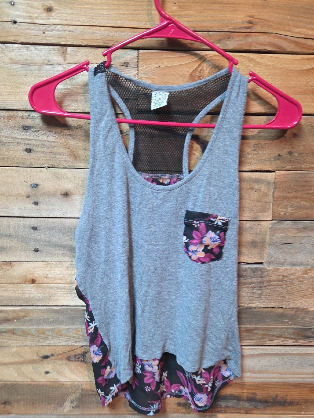 Gray Racerback Tank with Floral Pocket and Hem